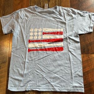 Gildan Light Blue Baseball T-Shirt with Red and White Graphic